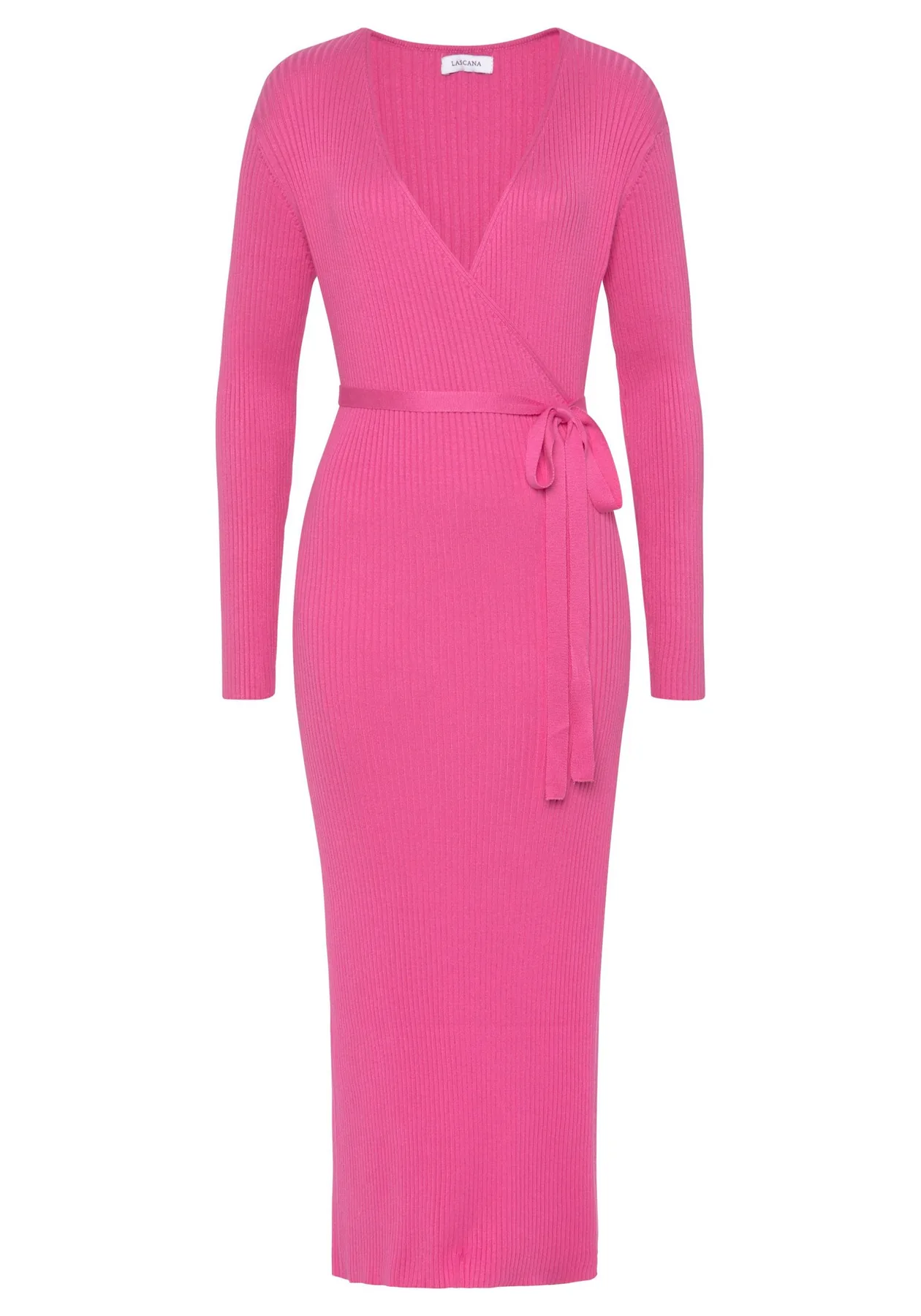 Pinkes Strickkleid in Wickeloptik, Produktfoto auf Weiß